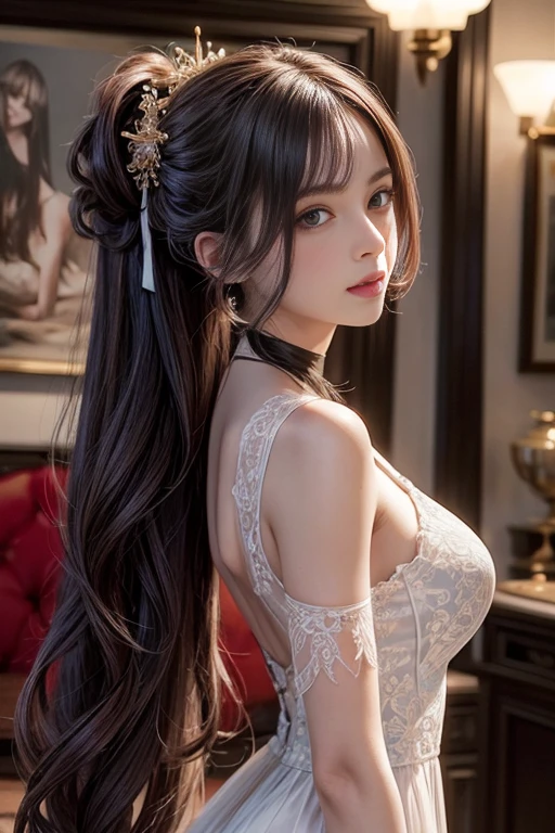 (best quality, high resolution, Practical:1.2), Dramatic Lighting, Oil, Delicate skin texture, Flowing long hair, Elegant Posture, Vibrant colors, Fine brushwork, image, Practical makeup, Strong gaze, Beautiful, Complex background, Professional Illustrations、((Lace fabric1.5)))、Medium Breasts 1.5、Sheer Dress 1.4、Tie your hair up,Upper body portrait、Close up。