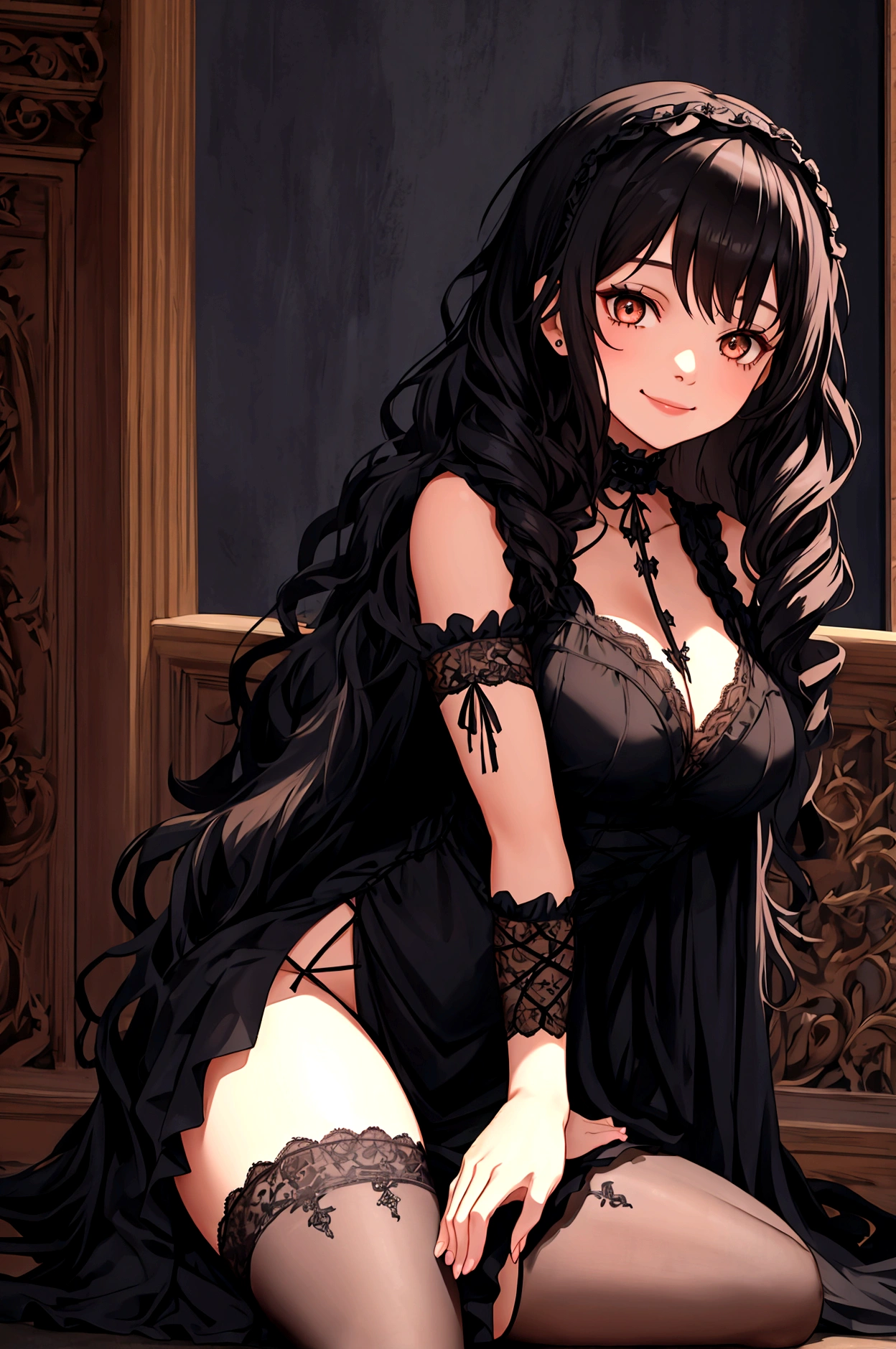 1 girl, delicate, sweet smile, whole body, black hair, long curly hair, Brown eyes, gothic, lace, university, ropa gothic, Emo, University.