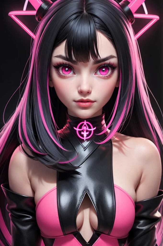 A woman, black hair with bangs and neon pink tips, beautiful, bright and pink eyes, black clothes, satanic black with neon pink details and a satanic symbol on her pink forehead,