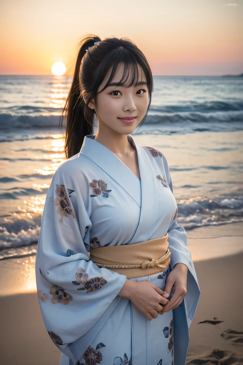 masterpiece, best quality, ultra quality, high quality, realistic, photo realistic, warm lighting,natural lighting,cinematic lighting,RAW photo, hyper detailed, intricate detailed, perfect anatomy, Fujifilm XT3,(cowboy shot),1 woman, Japanese beautiful woman, medium hair,
(wearing flower patterned yukata, obi),sweaty, closed mouth, tan skin,sunburn tanline,smile,black ponytail hair with side bangs,black eyes,looking at viewer,(beach),(sunset),