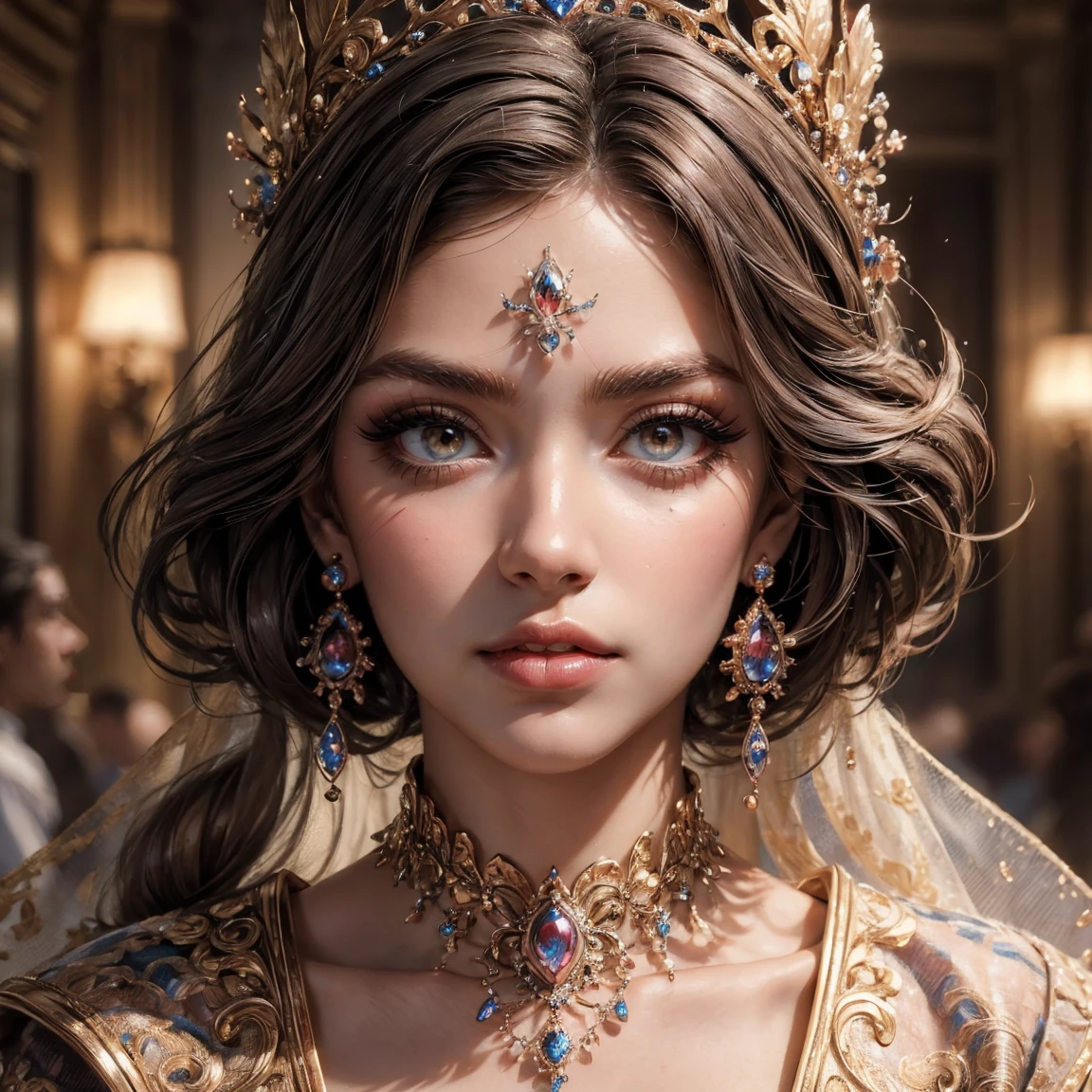 (Masterpiece, Best Quality:1.5), Illustration, Ultra-detailed, finely detail, Hight resolution, 8K Wallpaper, Perfect dynamic composition, cinematic lighting, portrait, looking at viewer, Beautiful detailed eyes, Sexy face, Perfect beautiful hands, Raw real photos, beautiful realistic face, beautiful face, perfect face, highly detailed beautiful face and eyes, attractive face, detailed face, delicate facial features, detailed skin, shiny skin, perfect anatomy, highly detailed background, elaborately designed, fine cloth texture, BREAK, (perfect princess make-up, eyeshadow, lash extensions, lips:1.4)
