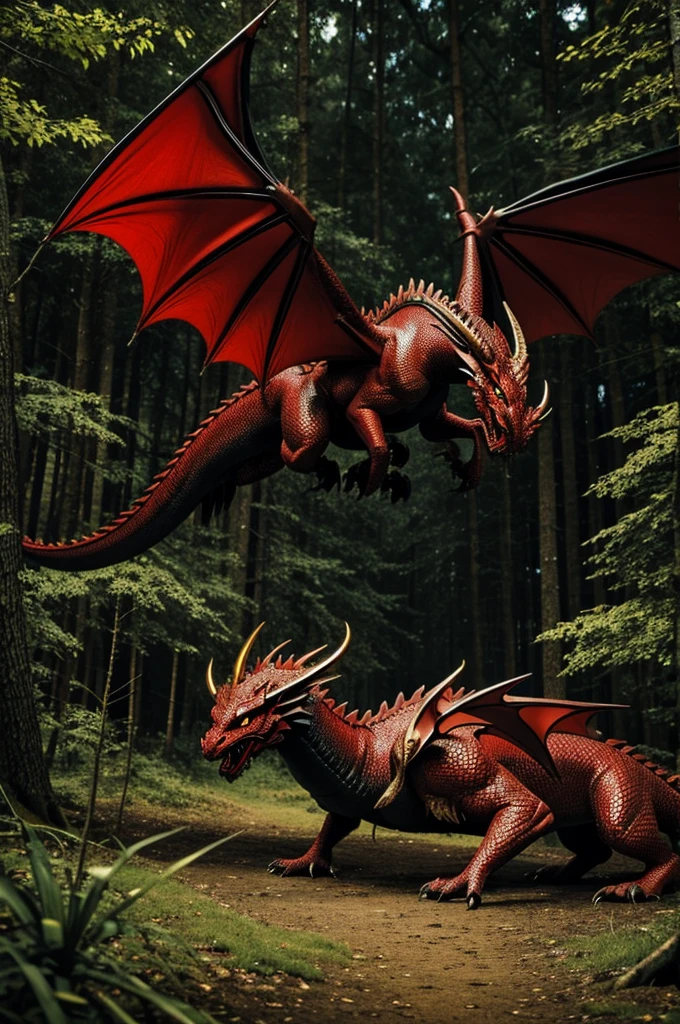 A red dragon with black wings, golden eyes being in a castle in the middle of a forest lying down