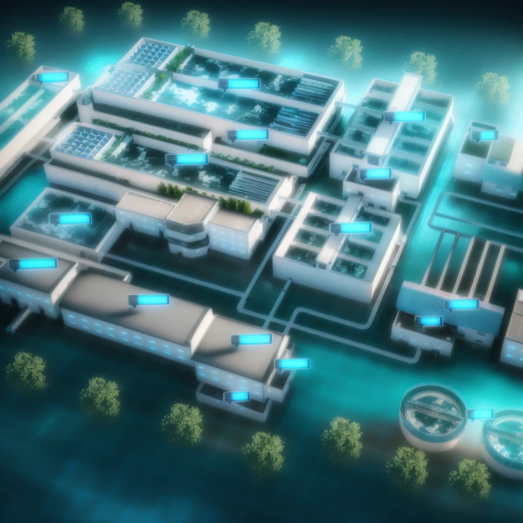 Image of building IoT model with swimming pool and lots of water, Isometric 3d rendering, Bioremediation Plant, extreamly detailed data center, Detailed Factory, High-tech environment, industrial plant environment, Detailed Data Center, Isometric drawing, 2D Axonometric Top View, Futuristic production facility, Pre-rendered isometric graphics,Clear picture without fog,Technology,Futuristic