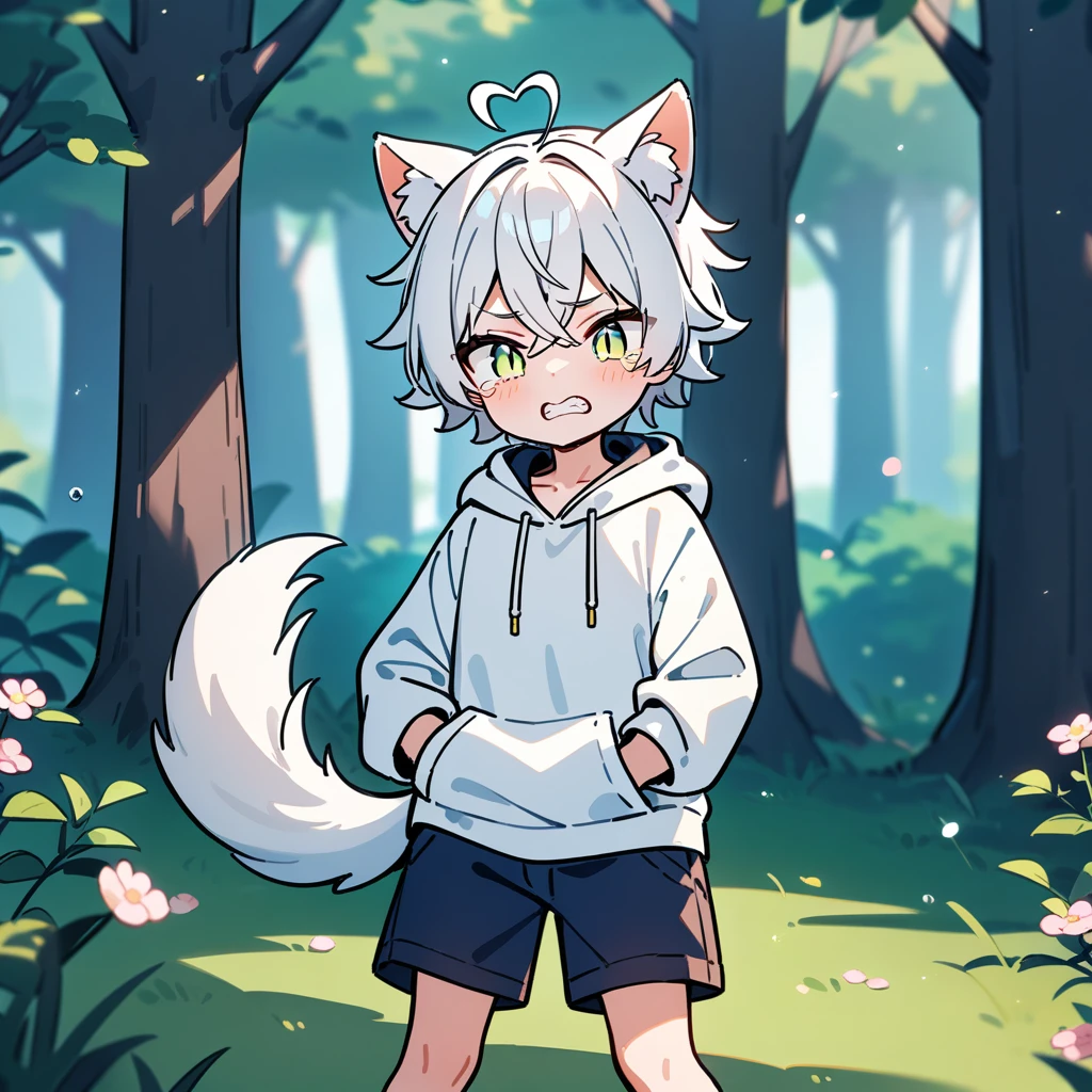 （masterpiece：1.2，high quality），8K，High resolution，A seven-year-old boy，cute boy，white hair，short hair，crossed bangs，light green eyes，slit pupils，heart ahoge，cat ears，clenched teeth，tears，Wearing a white hoodie，Dark blue shorts，Stand in the forest，There are flowering trees on both sides.，primary school student，thigh，alone，dog tail，（Put your hands in your pockets），（（Put your hands in your pockets））