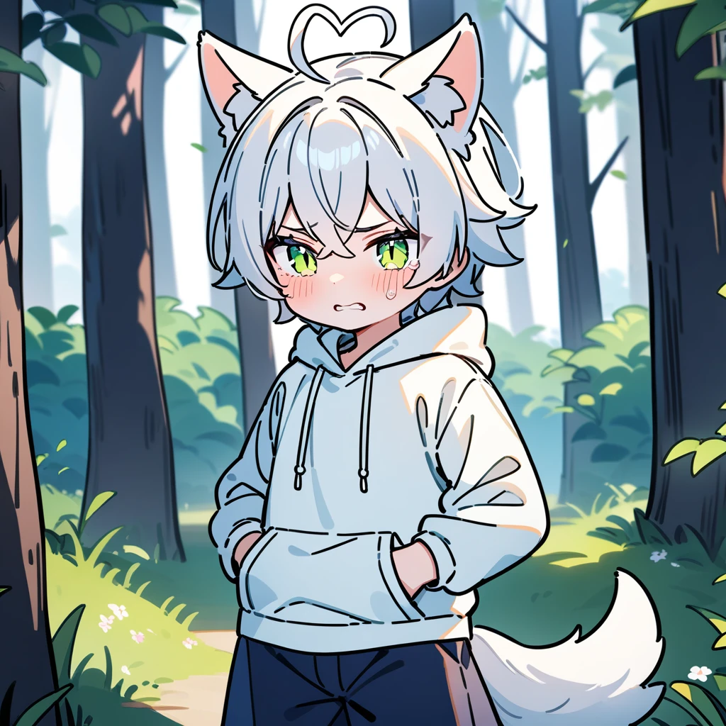 (masterpiece:1.2,high quality),8K,High resolution,A seven-year-old boy,cute boy,white hair,short hair,crossed bangs,light green eyes,slit pupils,heart ahoge,cat ears,clenched teeth,tears,Wearing a white hoodie,Dark blue shorts,Stand in the forest,There are flowering trees on both sides.,primary school student,thigh,alone,dog tail,(Put your hands in your pockets),((Put your hands in your pockets))