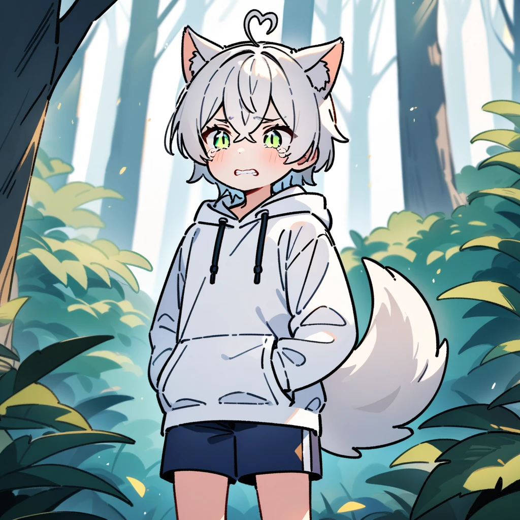 （masterpiece：1.2，high quality），8K，High resolution，A -year-boy，c boy，white hair，short hair，crossed bangs，light green eyes，slit pupils，heart ahoge，cat ears，clenched teeth，tears，Wearing a white hoodie，Dark blue shorts，Stand in the forest，There are flowering trees on both sides.，primary scho，dog tail，（Put your hands in your pockets），（（Put your hands in your pockets））