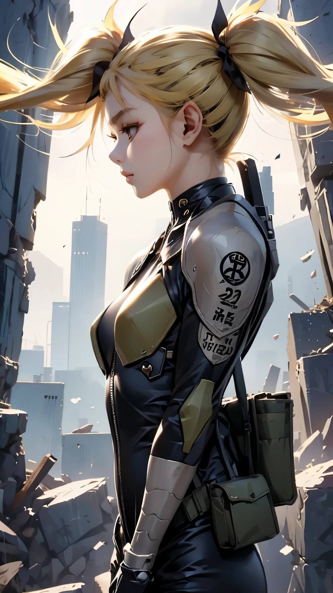 Blonde、Twin tails、22 years old、woman、Asian、Battle Suit、Tokyo、profile、Upper Body、solo、ruins、