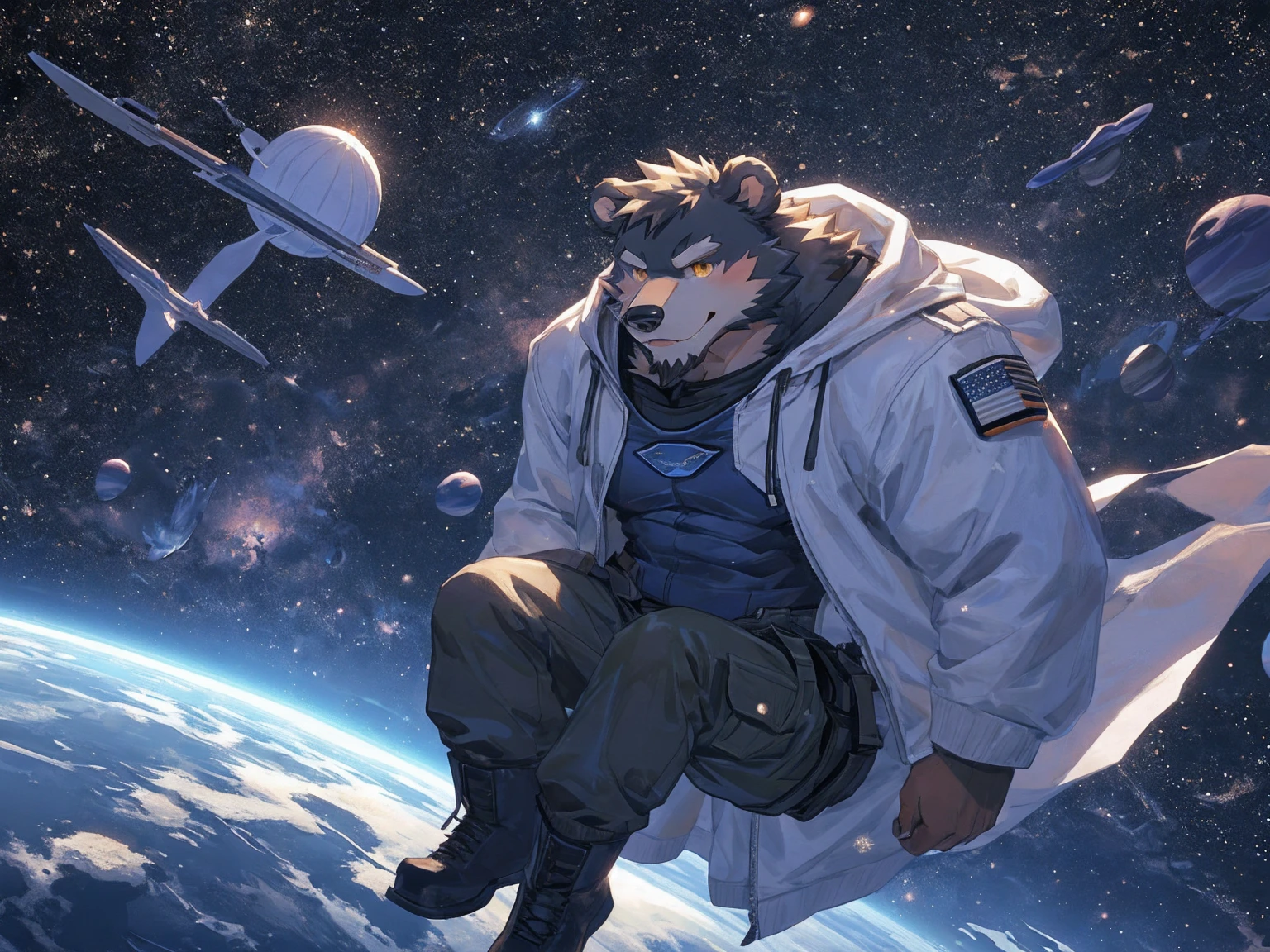 (masterpiece:1.2), best quality,pixiv,official art,perfect anatomy, (Ray tracing, light),solo, (1_male:1.3) , (muscle), (grey fur:1.4), (muscle bear), (beard:1.2), (gleaming golden eyes), bear tail, full body, Thick black eyebrows,(open hooded parka), (naked inside), (cargo pants:1.2), boots , (in the space:1.3) , star , planet , earth , asteroid , (character floating :1.3)