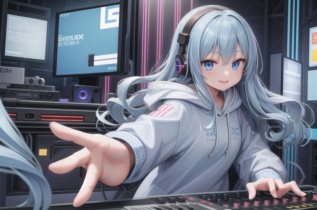 One girl, alone, 20-year-old, Light blue eyes, Blue Hair, Long, beautiful wavy hair, smile, hoodie, Buildings, headphone, Detailed DJ equipment, djing, masterpiece, Fine Fingers, 最high quality:1.4, high quality, detailed