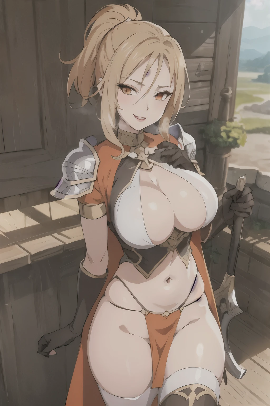 freya, 7ds, orange eyes, big breast, gorgeous, amazing body, blush, lipstick, Hot girl, baddie, staring, glaring, bad attitude, mean girl, dare, angry, hate, crazy, smoking, sensual, attractive, masterpiece, best quality, highly detailed, fantasy , a anime girls in armored dress holding a sword
posing for a picture, evil smile, smile, open mouth, breastplate with open cleavage, cleavage, warrior
outfit, ecchi anime style, anime girls, ecchi style, (nsfw) not safe for work, ecchi, digital anime art!!, in
anime style, official artwork, visual novel cg, beautiful anime girl, anime style 4 k , loincloth, exposed
belly, exposed navel, exposed midriff, exposed lower belly, pencil skirt armored, castle,inside castle