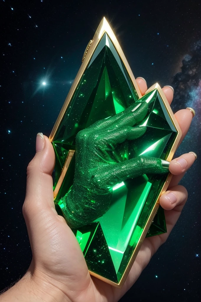 Hand of Jesus in the universe with an Emerald in the palm of his hand