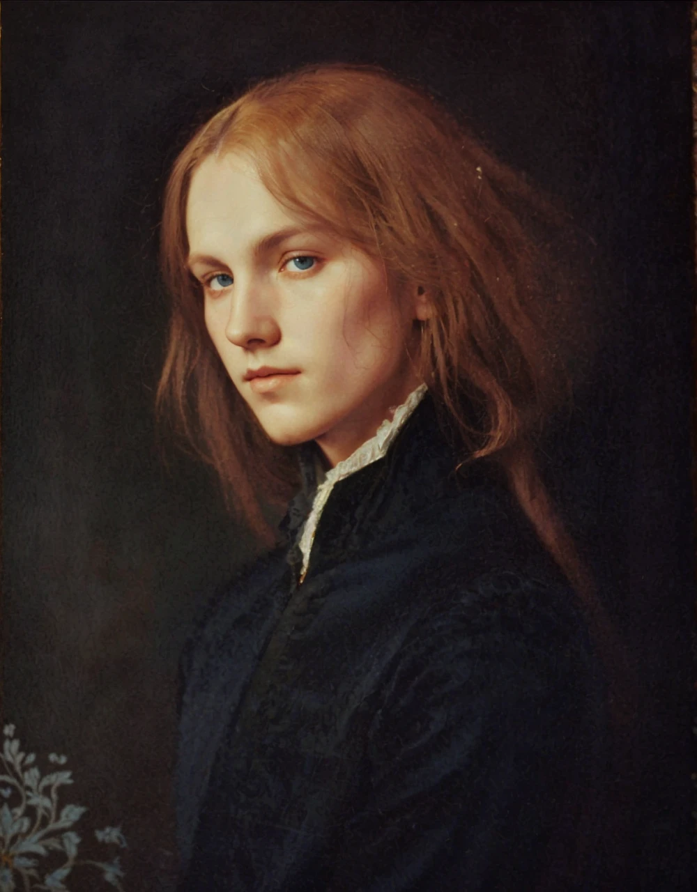 Portrait of Christopher Marlowe, extremely detailed face, white skin, piercing icy blue eyes, silky golden-brown hair, refined features, charp jawline, clean shaved, black Elizabethan velvet jerkin, white laced shirt, Art Nouveau style, Mucha style, Mucha background, realism, high quality