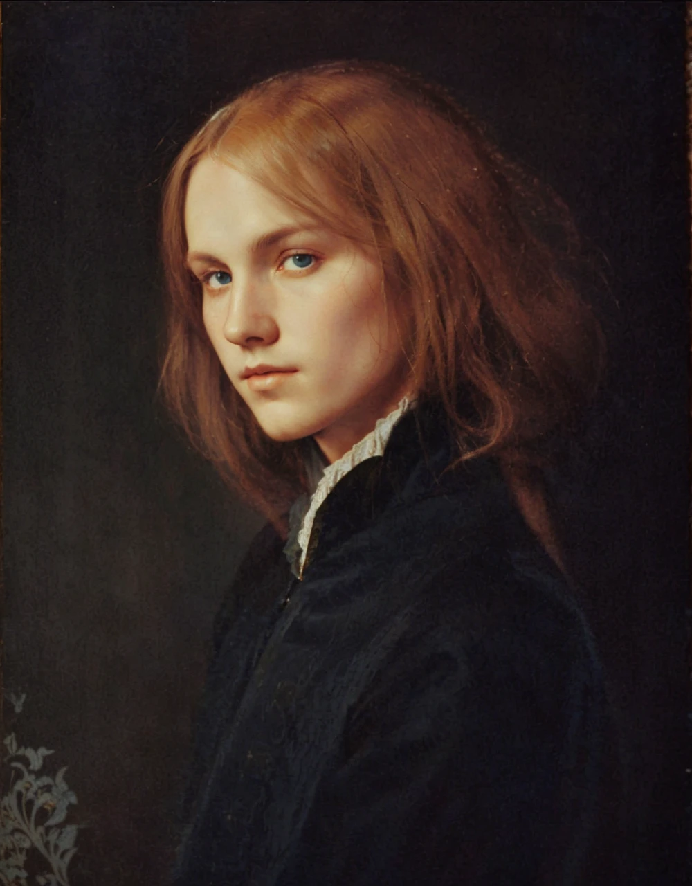 Portrait of Christopher Marlowe, extremely detailed face, white skin, piercing icy blue eyes, silky golden-brown hair, refined features, charp jawline, clean shaved, black Elizabethan velvet jerkin, white laced shirt, Art Nouveau style, Mucha style, Mucha background, realism, high quality