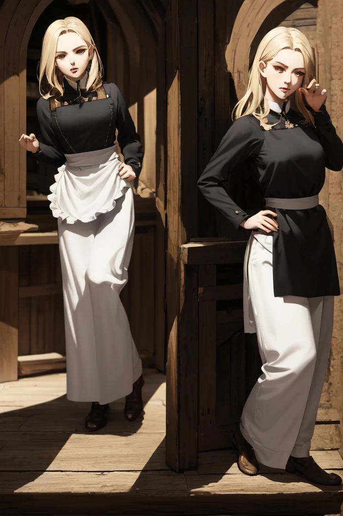 A young female tavernkeeper, blonde brown hair, wearing a short tight dress with a leather apron, 21 years old, medieval fantasy, 1girl, extremely detailed eyes and face, beautiful detailed eyes, beautiful detailed lips, longeyelashes, detailed medieval dress, leather apron, barmaiddress, fantasy character, highly detailed, 8k, photorealistic, masterpiece, dynamic pose, natural lighting, vibrant colors, cinematic, moody, dramatic lighting