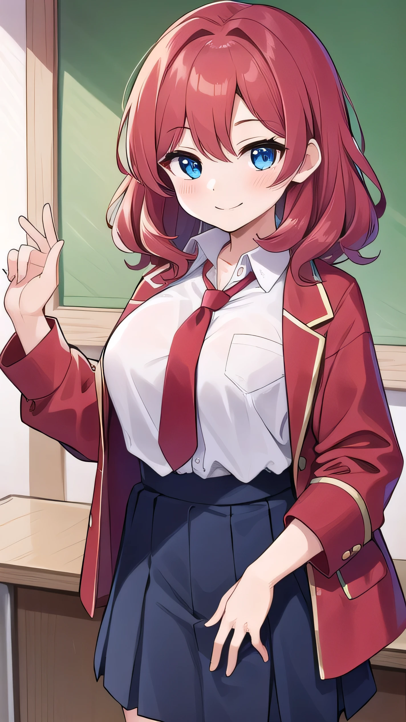 Big breasts, red hair, blue eyes, droopy eyes, red jacket, long sleeves, (navy skirt:1), elementary school student, (super big breasts:1.1), (medium hair: 1.2), baggy clothes, elementary school student, young face, short height, 10 years old, old, shy A shy guy, smiling a little, trying to open the buttons of his shirt, white shirt, red tie，(straight hair:1.2) , gentle smile, a little smile