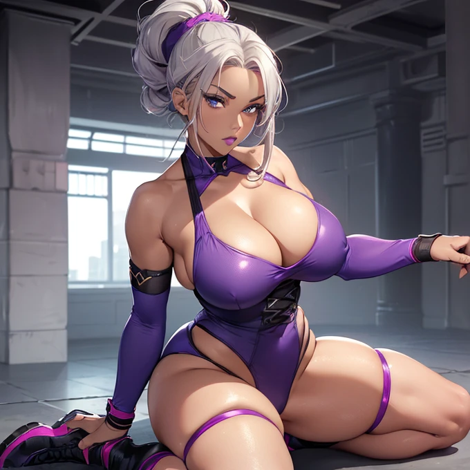 (absurdres, best high quality image, carefuly detailed features and textures, very detailed image, solo character alone, full view): {{(1character: 43 years old grey hair human noble african woman milf), ((african black skin), (blue eyes), (grey eyebrows), (beautiful features, absolute beauty), (pink lips), (grey long hair tied in a high ponytail), (voluptuous figure, big breasts, beautiful arms, beautiful legs)), ((violet two-piece wrestling outfit, violet wristbands, violet wrestling boots)), (sweet demeanor, ready to wrestle), (green plaza)}}