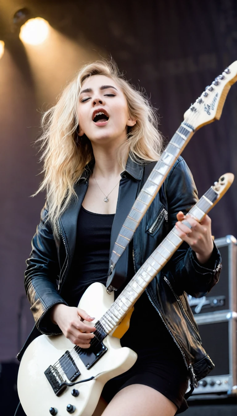 A beauty young woman with disheveled blonde hair and black jacket playing a white electric guitar for the audience on the stage
