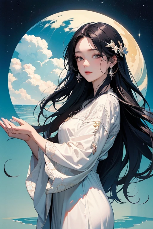 (Highest quality、masterpiece、High resolution、8K)、Vibrant colors、1 Female、Long black hair、Miho no Matsubara、Hagoromo Legend、A celestial maiden wearing a white lace dress is flying in the sky、Beautiful woman、Official Art、The background is the sea、Sandy beach、Pine forest on the coast、