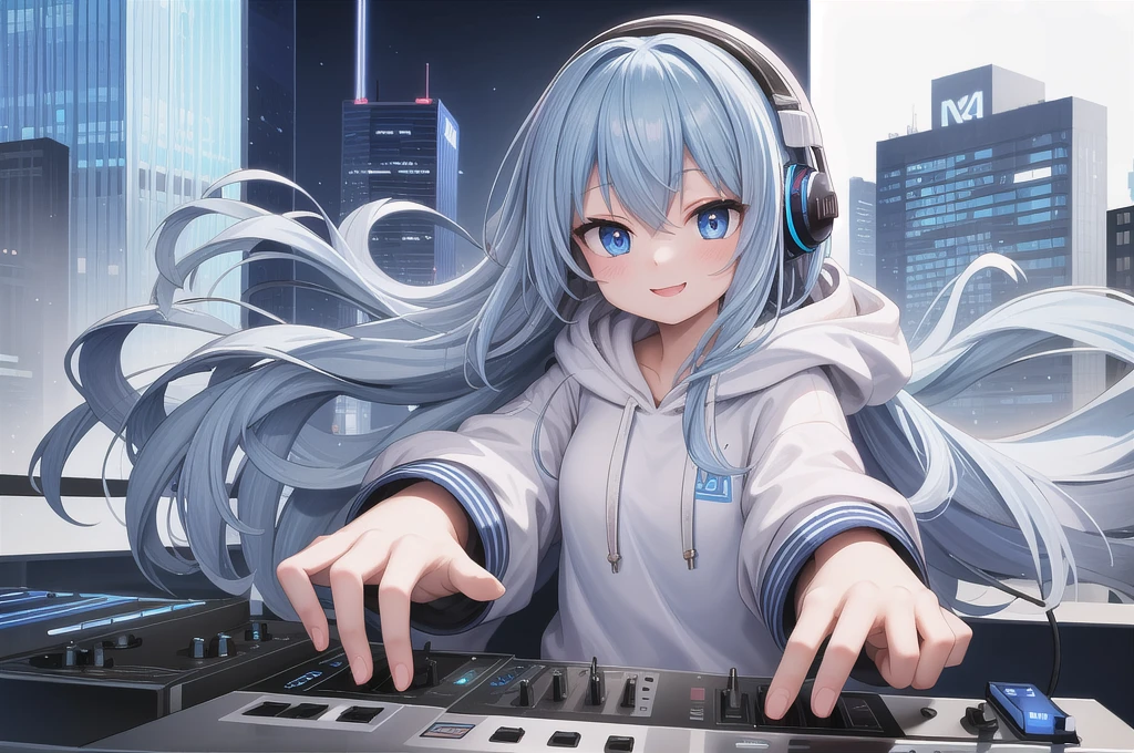 One girl, alone, 20-year-old, Light blue eyes, Blue Hair, Long, beautiful wavy hair, smile, White hoodie, Buildings, headphone, Detailed DJ equipment, djing, masterpiece, Fine Fingers, 最high quality:1.4, high quality, detailed