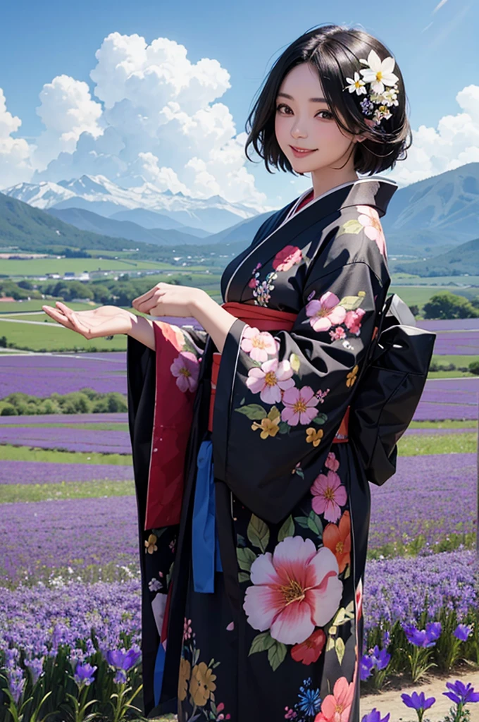 A beautiful woman with black hair and a kimono greets you with a smile, with a flower field in the background under a blue sky