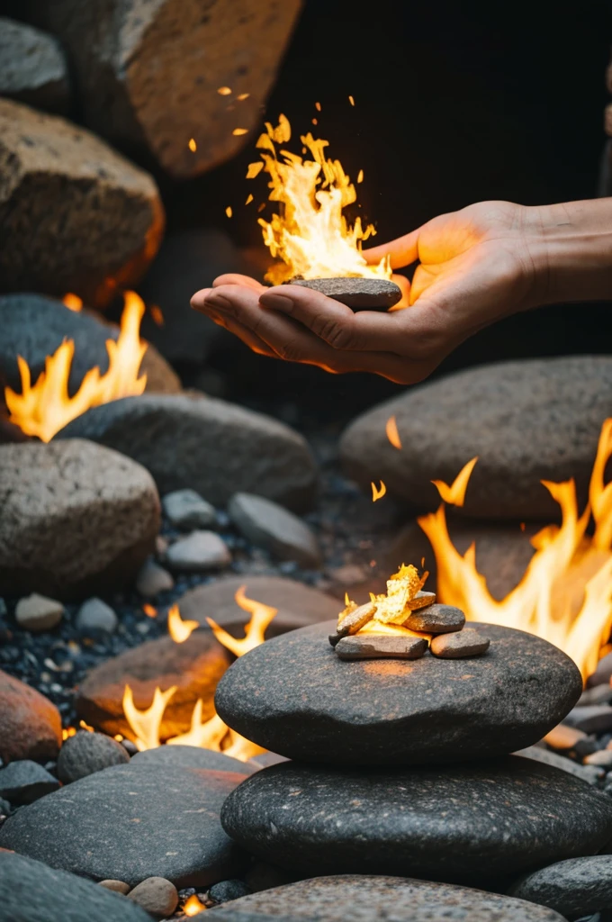 A pile of stones surrounded by fire with a hand coming out of the rocks