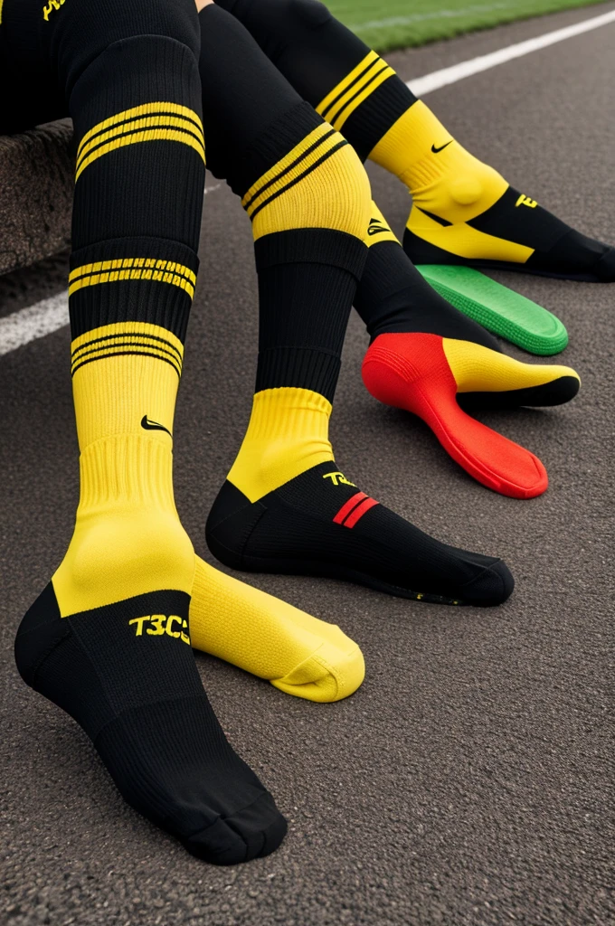 Black football socks with red and yellow upper detail, with small letters at the height of the shin with the phrase TCT in yellow