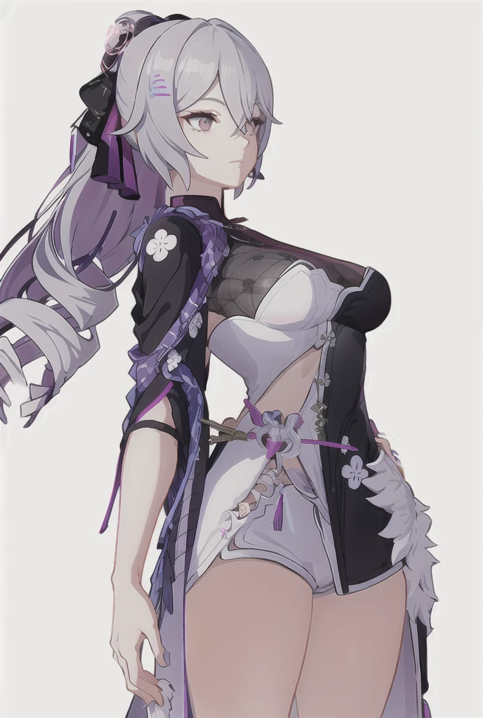 a stunning 8k masterpiece of a beautiful girl with drill hair, red eyes, and twin drills, standing with her hand on her hip against a white background and looking directly at the viewer, rendered in incredible ultra-detailed photorealistic quality, with a clear, finely detailed face, intricate details, glossy finish, and emphasis on the fine fabric of her outfit, featuring the character Bronya Zaychik