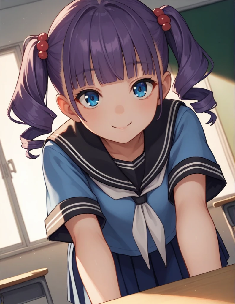 score_9, score_8_up, score_7_up, source_anime,
bangs, blunt bangs, hair ornament, blue eyes, foxy eyes, purple hair, curly twintails,
school uniform, serafuku, sailor collar, black sailor collar, white neckerchief, blue shirt, short sleeves, blue skirt,
indoors, classroom, bent over, smile,
looking at viewer, solo, cowboy shot, dutch angle,