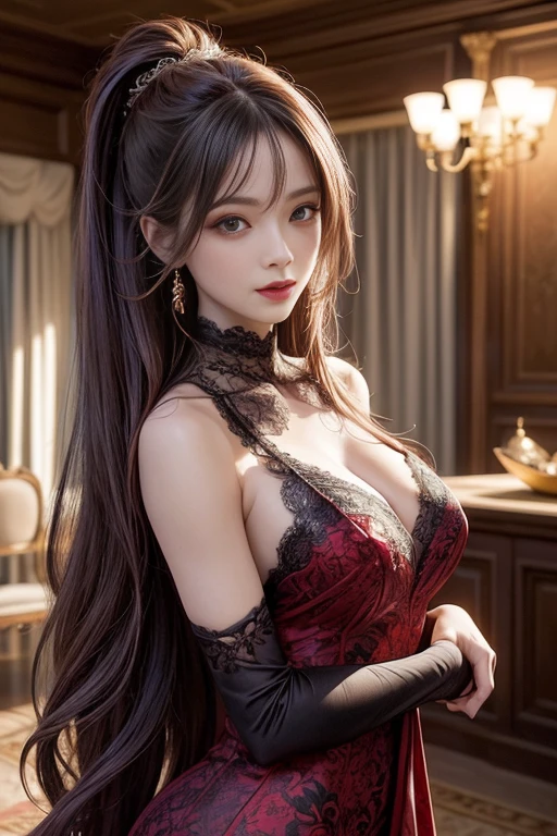 (best quality, high resolution, Practical:1.2), Dramatic Lighting, Oil, Delicate skin texture, Flowing long hair, Elegant Posture, Vibrant colors, Fine brushwork, image, Practical makeup, Strong gaze, Beautiful, Complex background, Professional Illustrations、((Lace fabric1.5)))、Medium Breasts 1.5、Sheer Dress 1.4、Tie your hair up。