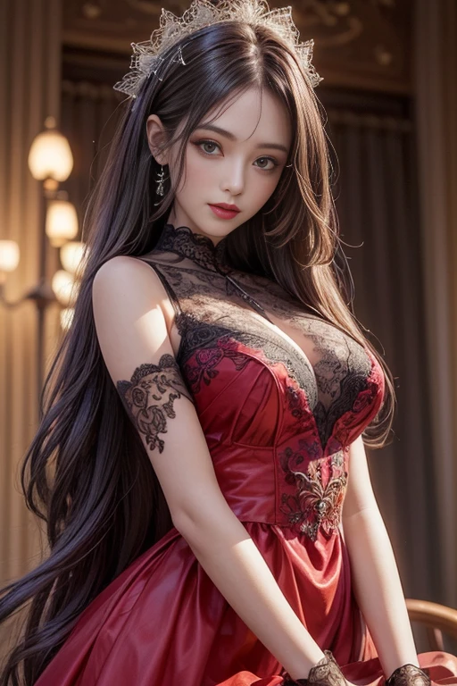 (best quality, high resolution, Practical:1.2), Dramatic Lighting, Oil, Delicate skin texture, Flowing long hair, Elegant Posture, Vibrant colors, Fine brushwork, image, Practical makeup, Strong gaze, Beautiful, Complex background, Professional Illustrations、((Lace fabric1.5)))、Medium Breasts 1.5、Sheer Dress 1.4、Tie your hair up。