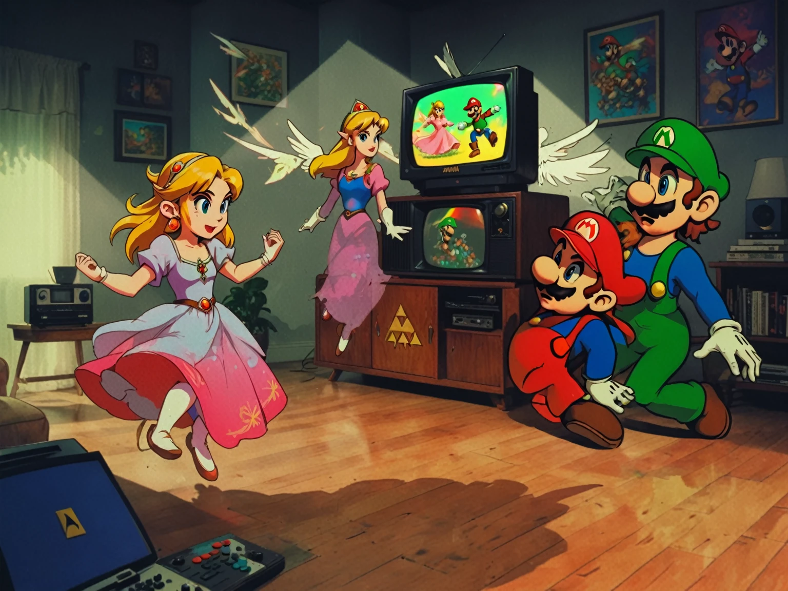 1990's animated tv show screengrab, Legend of Zelda crossover Mario Bros. , VHS, glitch, distorted, nostalgia, 90's retro vibes, analog tape, vcr aesthetics, tv, television, comic 1990's, animated tv show screengrab, Zelda and Super Mario cast dancing stanky boogie, cinematic poster, image within image, multiple exposure, massive scale, rich color grading for shading depth, hand drawn rotoscope cartoon realism, chiaroscuro lighting, mixed media, vintage comic, retro original design, 1990's comic, sense of movement energy, taking flight, tropical rot, rewilding, (full roygbiv color) ink charcoal expressive illustration, Zelda and Mario aesthetics
