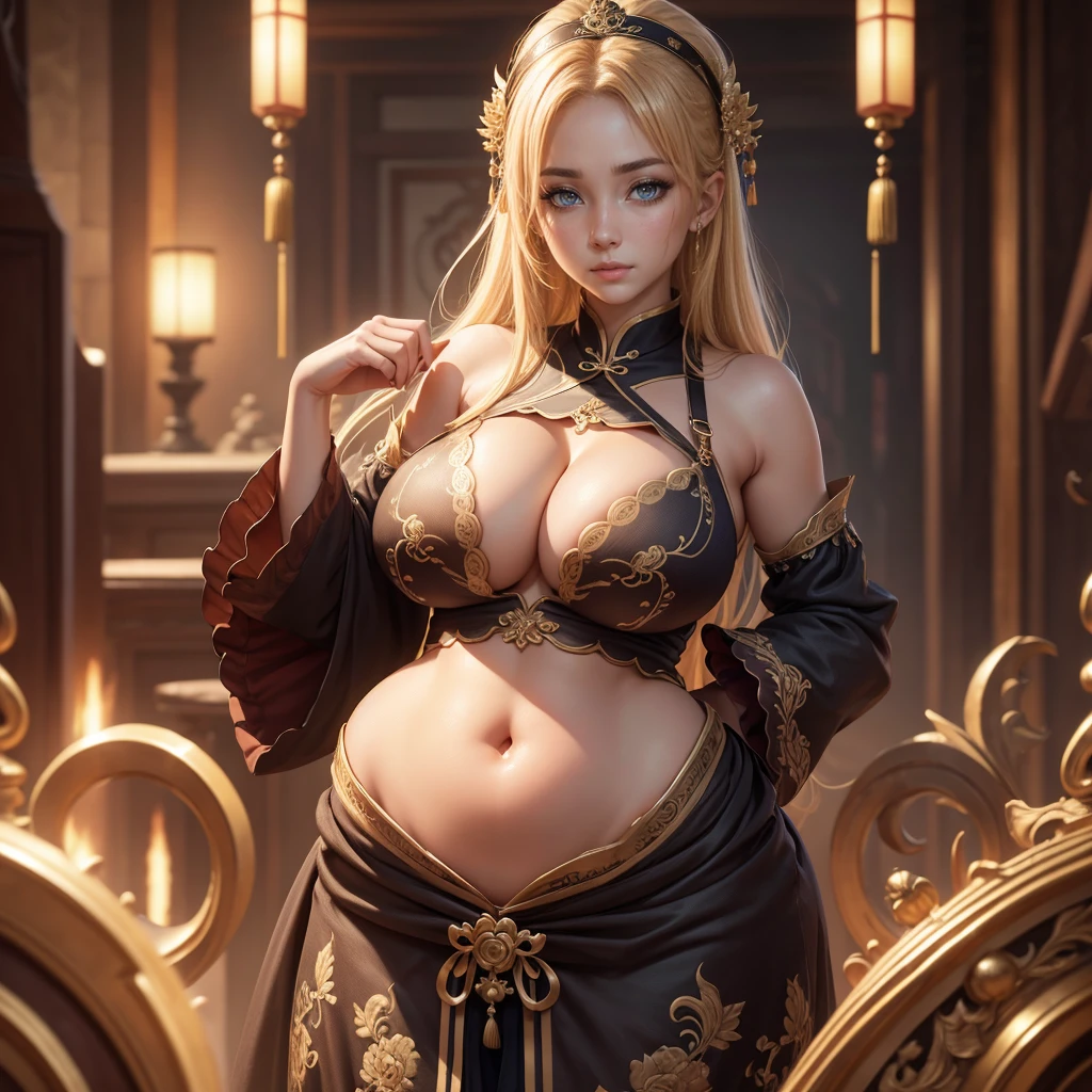Highly detailed CG unit 8K wallpaper, masterpiece, High resolution, highest quality, highest quality real texture skin, Super Real, Digital Painting, Best image quality, 最High resolution, 8K, 1 girl, ((Highly detailed eyes and face)), Beautiful eyes in every detail, (Full Body Shot,) Chinese style embroidery, Disproportionate breasts, Huge breasts, Saggy breasts, sagging breasts, disproportionate breasts, huge breasts, sagging breasts, Cleavage