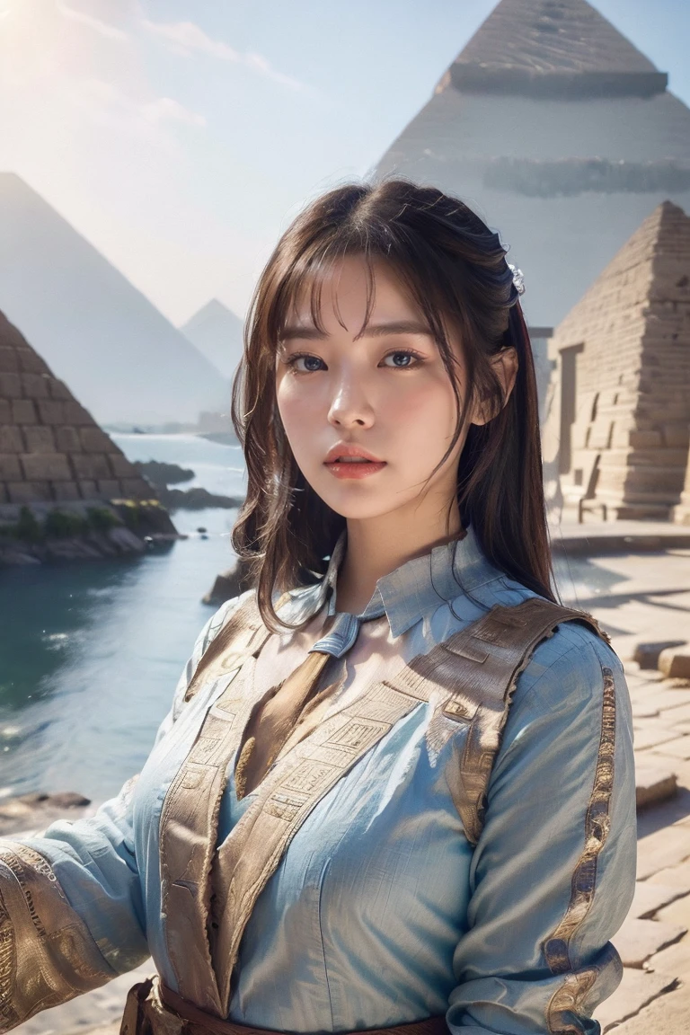 ((Highest quality、8K、masterpiece:1.3))、Photorealistic, Sharp focus, high resolution, High resolution, Portraiture, One person, woman, beautiful woman, sexy、古代エジプトを歩くエジプトのwoman戦士、Complex technology, Pyramids and ancient Egyptian cities far away、cyber-、Light and shadow、Cyan Light、