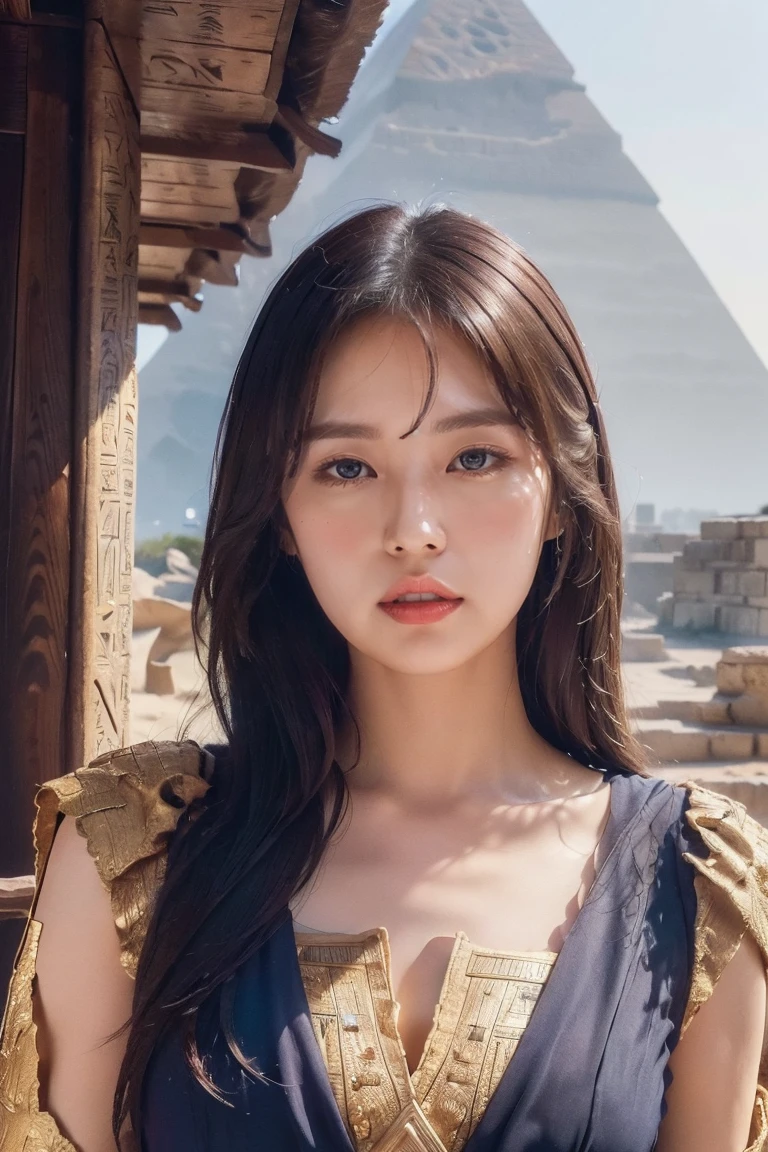 ((Highest quality、8K、masterpiece:1.3))、Photorealistic, Sharp focus, high resolution, High resolution, Portraiture, One person, woman, beautiful woman, sexy、古代エジプトを歩くエジプトのwoman戦士、Complex technology, Pyramids and ancient Egyptian cities far away、cyber-、Light and shadow、Cyan Light、