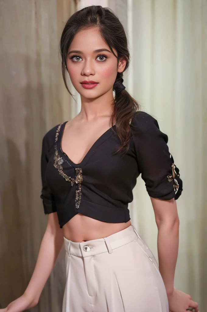 night,no makeup,Extremely realistic , ((Highest quality, 8K, masterpiece: 1.3)),(whole body;1.4), Outstanding beauty: 1.4, Slim Abs: 1.2, hourglass figure, high school girl,(Highest quality) (detailed) (8K) (High resolution) (wallpaper) (Cinema Lighting) (Sharp focus),(Wearing high heels:0.3),The background is simple,Elegant colors,bedroom wearing black track pants,ponytail, small breast
