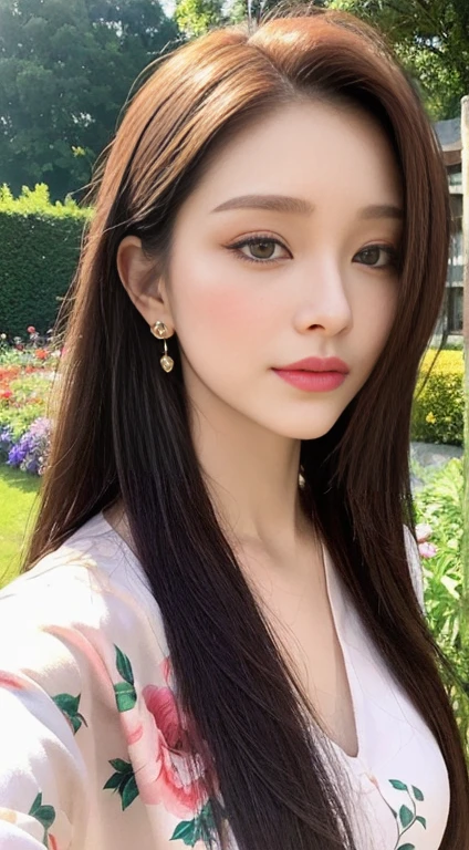 (28-year-old sweetheart), flower garden in the background、casual clothing: 1.3), (Maximum resolution: 1.4), (Super high vision: 1.2), light, Super high vision,Make one'Rosy cheeks:1.2、 (Delicate eyes and skin), (Detailed facial features), Not suitable for working hours, 8k resolution, Perfect style, Beautiful expression、Highly detailed face and skin textures、Delicate eyes、Double eyelids、Glitter Eyeliner:1.2、Glowing skin、(pure White skin:1.8)、(White skin:1.8)、Red Rouge、Dark lipstick:1.2、Small sparkly necklace and earrings、(Glossy lips:1.2)、Glossy lips:1.2、((full-body shot:1.2))、(Straight Hair、Light brown hair)、Long hair、(Very affectionate smile:1.3)、175 cm、Asahi