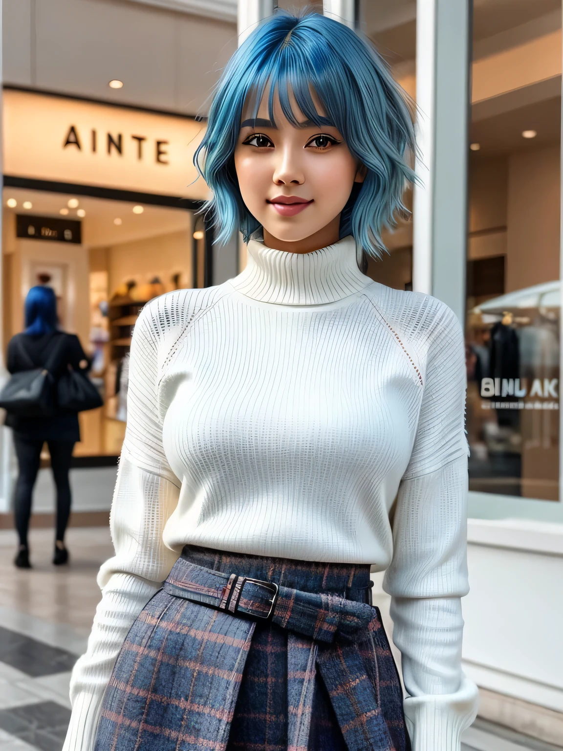 (blue hair:1.4), short hair, realistic green eyes, cobalt hair,  long bob hair, tousled hair, shoulder length hair, Full body, woman with white skin and Asian features, 24 year old, big breast. She has a small, elegant nose with a slight upward curve at the tip. Her lips are full and naturally pink, with a well-defined Cupid's bow. Her teeth are straight and white, enhancing her captivating smile. Her face has an oval shape with high cheekbones that add to her model-like appearance. (crack), detailed (texture!, shine, color!!, flaws: 1.1), highly detailed glowing eyes, (looking at camera), specular light, dslr, extreme quality, crystal clear, cute face, detailed skin pores, oil Dark skin, brown, complex eye details, she is far from the camera, A full-body portrait, captured from a distance. Dynamic Frame, 8K, Best Quality, Realistic, full body Realism, beautiful hairstyle, Dynamic Frame, Beautiful girl standing in front of a store in a shopping mall, (Surreal,High resolution, Very detailed:1.2), (8k), , (highest quality), (Very detailed), (( Mastepiece)),highest quality,Very detailed, Beautiful woman standing wearing a dark red checked single-breasted blazer ,break, White turtleneck sweater, High-waisted flared jumper skirt with blue belt, (Ultra-realistic pantyhose), full body shot、 Black Medium Bob, Fine and beautiful eyes, Cute face, bust, Big Boss, Fine and beautiful features, Captivating smile, (short hair:1.3)