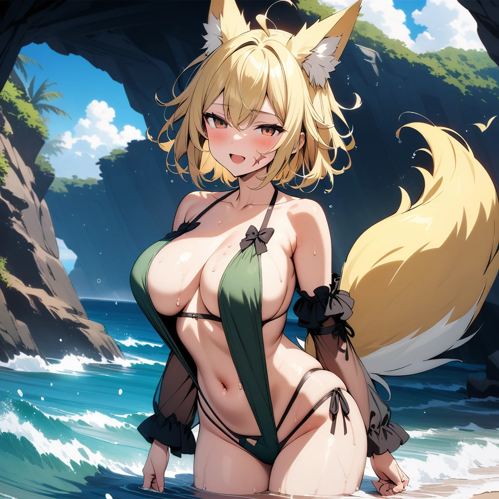 (masterpiece,best quality,very aesthetic,ultra-detailed),high saturation,official art,nsfw,solo,BREAK,1girl,30yo,curvy,large breasts,tall,stout build,bewitching,(blonde fox ears),(a fox tail),(blonde hair,short hair,messy hair),disheveled hair,(brown eyes),half closed eyes,beautiful face,bare legs,comfortable,open mouth,enjoyable,(smirk:0.8),wet,(tropical atmosphere,floral pattern dark green layered highleg bikini with long ruffled off-shoulder sleeves and a black bow in the center. The bikini features strappy details on the bottom piece),A slingshot swimsuit is layered over bikini top,(scar on breasts,scar on cheek:1.2),ocean,wave,Clear seawater,summer sky,cowboy shot,wading,Cave by the Sea,wind
