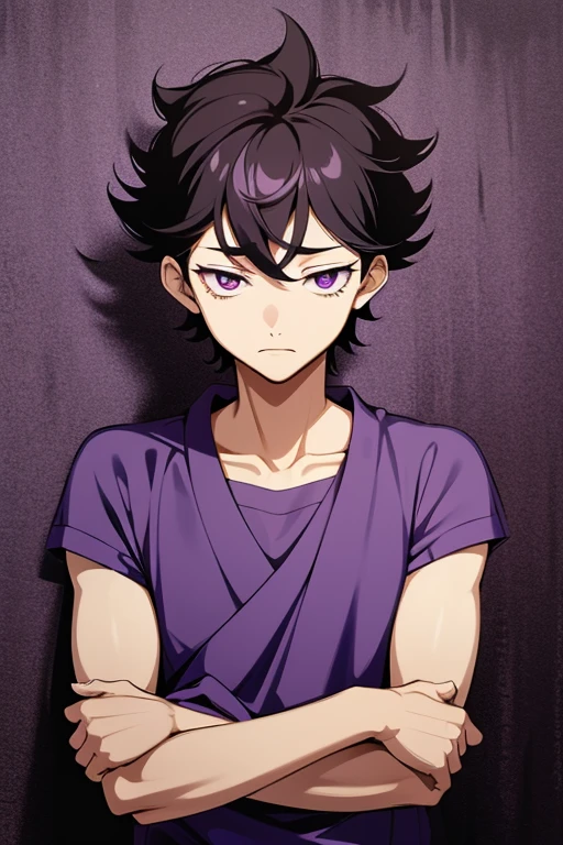 Create a calm Japanese-style portrait in the style of the anime Black Clover. Introducing a Young Man, leaning against a wall with arms raised, eyes lost in the depths. shading adds depth and texture, emphasizing the emotional gravity of the scene. Content purple shirt purple pupils brown hair
