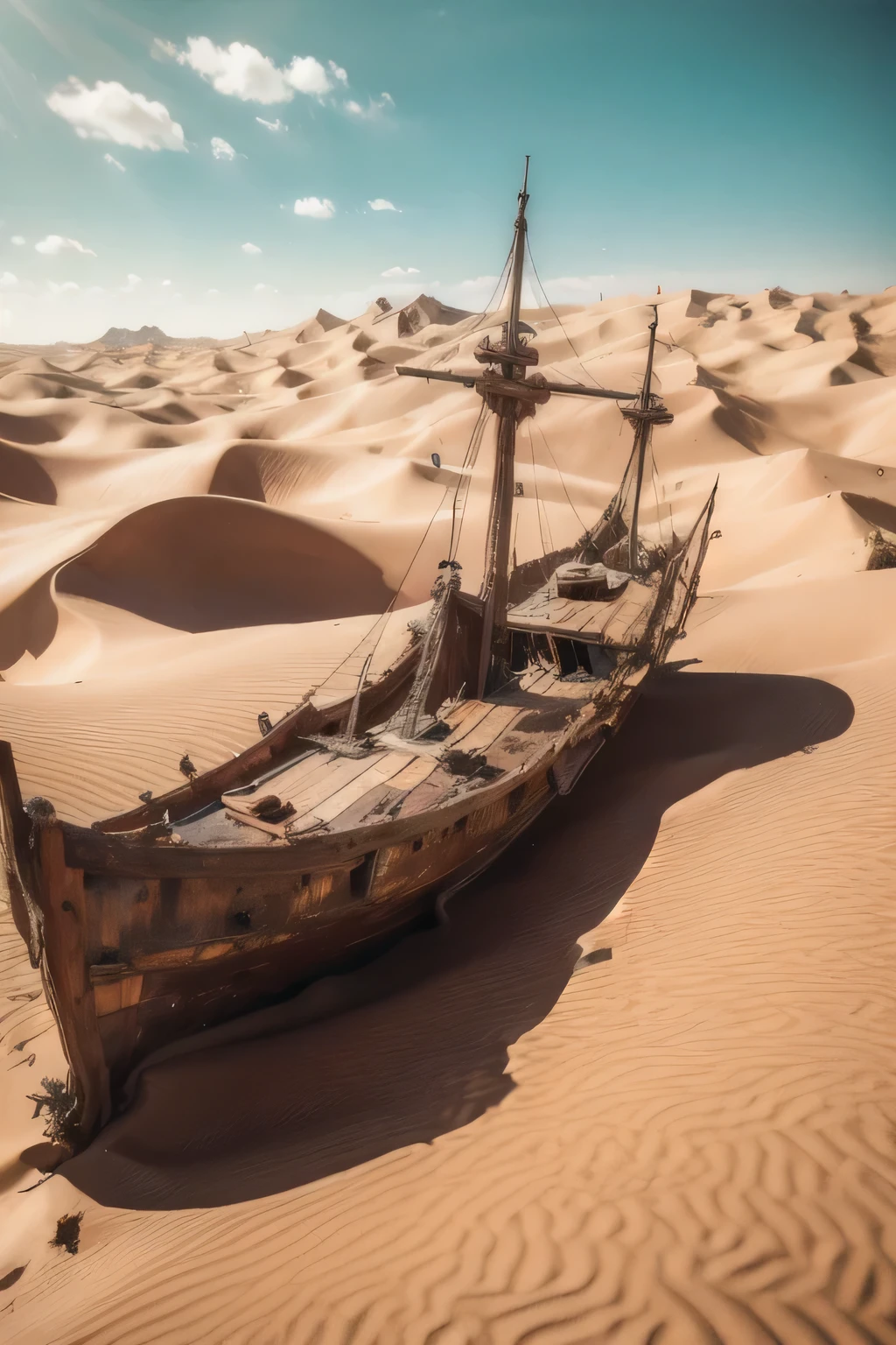 (masterpiece, Highest quality:1.2), Boat anchored on sand, Detailed Matte Painting, Andries Stock, unsplash Contest Winner, Renaissance, Photos Pinterest, Ancient West, taken in 2022, Arabia, Skeleton of a pirate ship, Detailed photo 8k, Medium portrait, Majestic sand dunes, Abandoned old, 4K  8K, Low angle shot, 4k yen