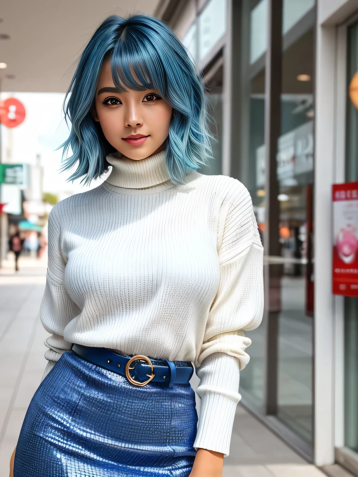 (blue hair:1.4), short hair, realistic green eyes, cobalt hair, long bob hair, tousled hair, shoulder length hair, Full body, woman with white skin and Asian features, 24 year old, big breast. She has a small, elegant nose with a slight upward curve at the tip. Her lips are full and naturally pink, with a well-defined Cupid's bow. Her teeth are straight and white, enhancing her captivating smile. Her face has an oval shape with high cheekbones that add to her model-like appearance. (crack), detailed (texture!, shine, color!!, flaws: 1.1), highly detailed glowing eyes, (looking at camera), specular light, dslr, extreme quality, crystal clear, cute face, detailed skin pores, oil Dark skin, brown, complex eye details, she is far from the camera, A full-body portrait, captured from a distance. Dynamic Frame, 8K, Best Quality, Realistic, full body Realism, beautiful hairstyle, Dynamic Frame, Beautiful girl standing in front of a store in a shopping mall, (Surreal,High resolution, Very detailed:1.2), (8k), , (highest quality), (Very detailed), (( Mastepiece)),highest quality,Very detailed, Beautiful woman standing wearing a dark red checked single-breasted blazer ,break, White turtleneck sweater, High-waisted flared jumper skirt with blue belt, (Ultra-realistic pantyhose), full body shot、 Black Medium Bob, Fine and beautiful eyes, Cute face, bust, Big Boss, Fine and beautiful features, Captivating smile, (short hair:1.3)