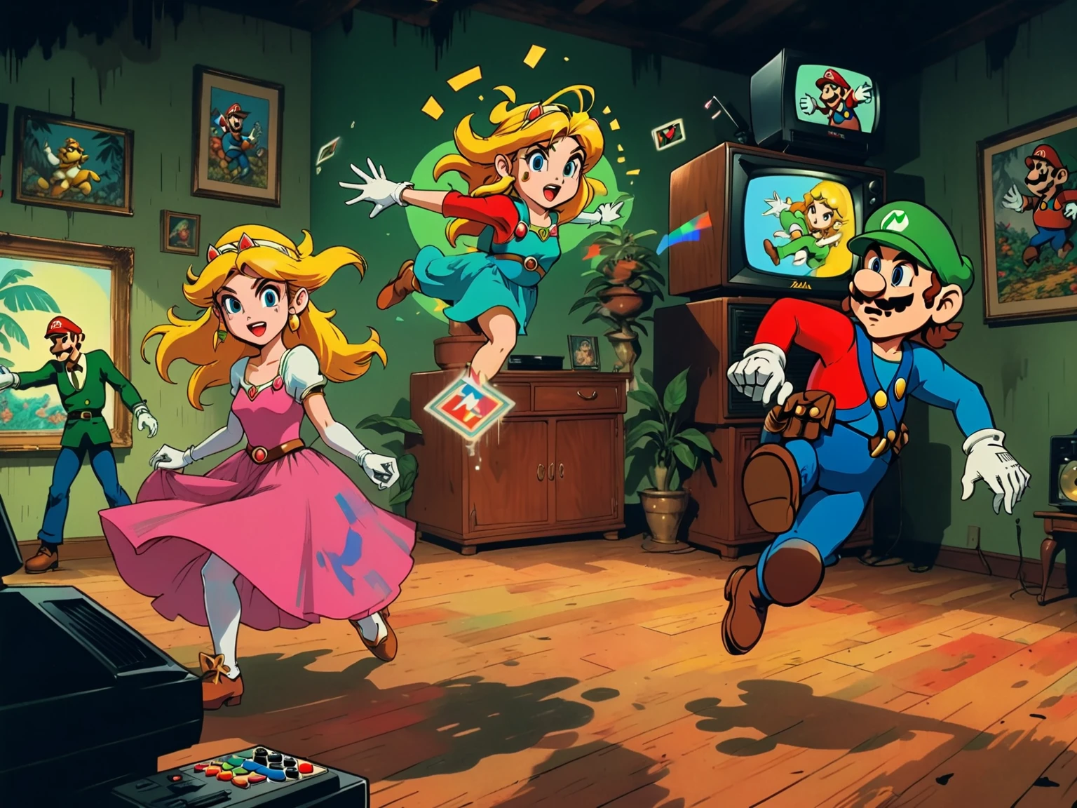 1990's animated tv show screengrab, Legend of Zelda crossover Mario Bros. , VHS, glitch, distorted, nostalgia, 90's retro vibes, analog tape, vcr aesthetics, tv, television, comic 1990's, animated tv show screengrab, Zelda and Super Mario cast dancing stanky boogie, cinematic poster, image within image, multiple exposure, massive scale, rich color grading for shading depth, hand drawn rotoscope cartoon realism, chiaroscuro lighting, mixed media, vintage comic, retro original design, 1990's comic, sense of movement energy, taking flight, tropical rot, rewilding, (full roygbiv color) ink charcoal expressive illustration, Zelda and Mario aesthetics
