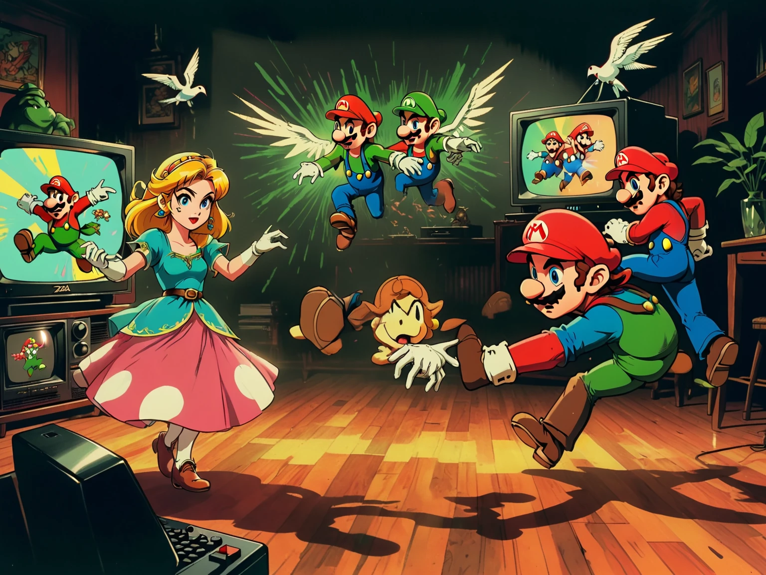 1990's animated tv show screengrab, Legend of Zelda crossover Mario Bros. , VHS, glitch, distorted, nostalgia, 90's retro vibes, analog tape, vcr aesthetics, tv, television, comic 1990's, animated tv show screengrab, Zelda and Super Mario cast dancing stanky boogie, cinematic poster, image within image, multiple exposure, massive scale, rich color grading for shading depth, hand drawn rotoscope cartoon realism, chiaroscuro lighting, mixed media, vintage comic, retro original design, 1990's comic, sense of movement energy, taking flight, tropical rot, rewilding, (full roygbiv color) ink charcoal expressive illustration, Zelda and Mario aesthetics
