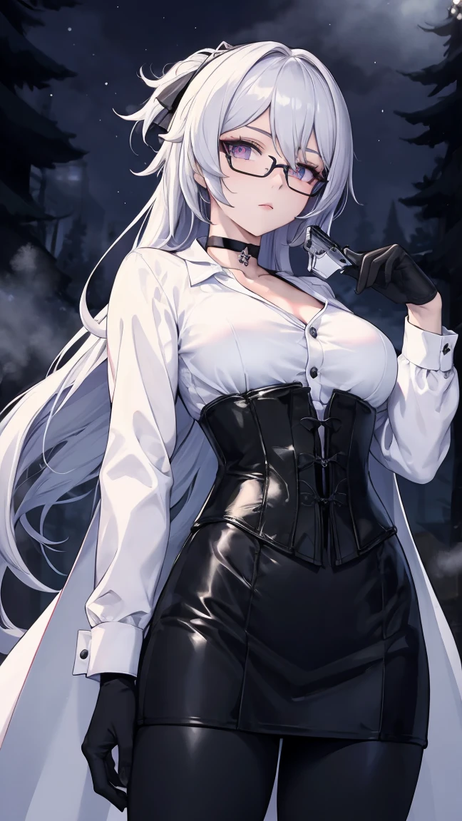 Masterpiece, Beautiful art, professional artist, 8k, detailed body, Very detailed face, very detailed eyes, Detailed clothing, detailed fabric, Best Quality, better resolution, 1 girl, bronya zaychik \(Honkai Impact 3rd\), front view, standing, big breasts, serious expression,  At night , long silver hair, glasses, choker:1.6, (white long sleeve button down shirt with white collar), (shiny black corset), black gloves that cover your hands, holding a gun in his hand, (shiny black leggings), looking at the viewer, dark forest, Atmosphere, fog, At night