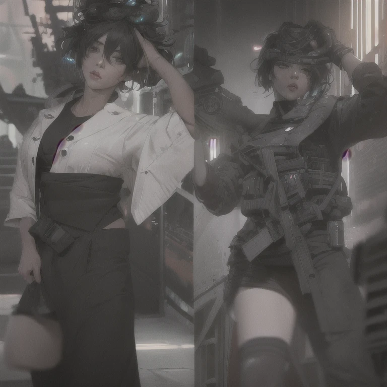 ((The best quality)), ((Masterpiece)), (Very detailed:1.3), ..............3D, beautiful (Cyberpunk:1.3) hacker woman, short hairstyle,short hair, Return to viewer, Thick hair, Operating computer terminal, head mounted display, computer server, LCD screen, fiber optic cable, Company logo, HDR (High Dymanic Range), ray tracing, NVIDIA RTX, super resolution, Unreal 5, Subsoil Scatter, PBR texture, Post-processing, Anisotropic filtering, depth of field, maximum sharpness and sharpness, Multilayer textures, Albedo y Highlight Maps, Surface shading, Accurate simulation of light-material interactions, perfect proportions, octane rendering, duotone lighting, Low ISO, white balance, rule of thirds, wide opening, 8K RAW, efficient sub-pixels, sub-pixel convolution, glow particles, dynamic  pose