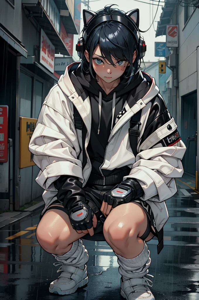 Esbian all over、One Girl、Empty、Cute eyes、Well-proportioned facial features、Kamimei、Red face、Black Mask+Black mask with veloout、(Highest quality、8K resolution、masterpiece:1.3)、Focus Section: 1.2、Delicate and beautiful body 1.4、is 1.2、golden short hair 1.2、Chest 1.2、Wet clothes 1.1、rain、Street 1.3、Bando Dress 1.1、Highly detailed skin texture、I narrowed my eyes.、double eyelid、Whitening skin、Shutdown 1.3、black open finger gloves、Black leather jacket and black leather shorts、Knee-high boots、White loose socks、Digital cyber punkアート、cyber punk、Wearing a hoodie、cyber punkアート、Clear bright blue eyes、Cleans the whites of the eyes。