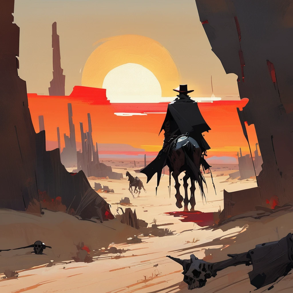 1man,Old West, Desert, scorching sun, silhouette, gloomy, black clothes, gunslinger, horizon, from far, Oil paint, black and white, horse, cape, red sun, Skull, living dead, skeleton, (red and black color palette), Giant glass shards in sand, spiky glass structures