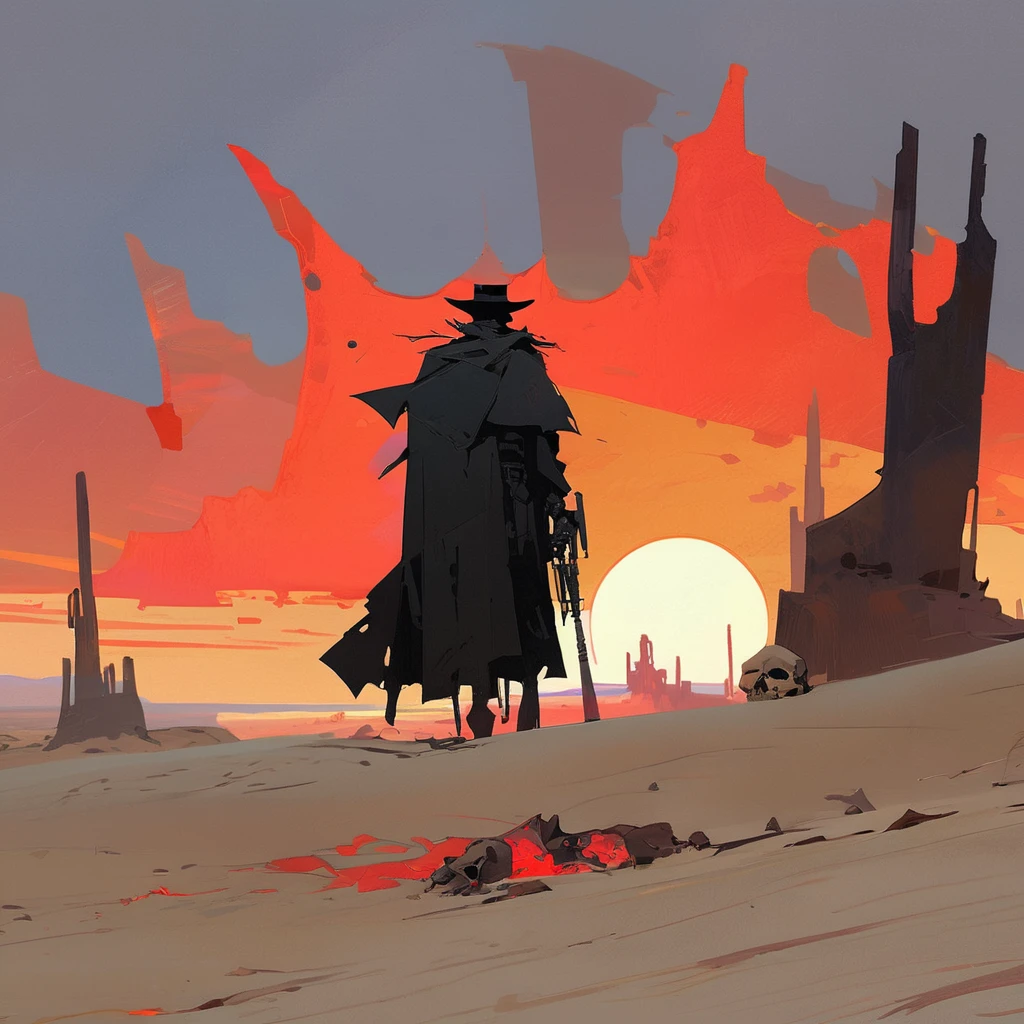1man,Old West, Desert, scorching sun, silhouette, gloomy, black clothes, gunslinger, horizon, from far, Oil paint, black and white, horse, cape, red sun, Skull, living dead, skeleton, (red and black color palette), Giant glass shards in sand, spiky glass structures