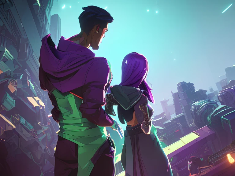 a man wearing a regular hoodie,a woman wearing a purple dress,a blue shirt,the woman's back in a green suit,arcane style,stylized style,hyper detailed,high quality,masterpiece,cinematic lighting,vibrant colors,dramatic shadows,ultra detailed,photorealistic