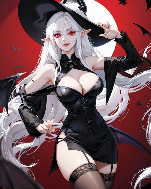 witch((sexy and mature woman)), （（（Animal ears）））（（（White hair）））（（（Revealing clothing）））Elf ears,Black witch hat ,Big breasts, Long black, Magic Wand, Delicate face, Braided white hair,Gothic style  ,Solitary, White shirt,Black corset,Slit Skirt, Thigh strap,Gentle smile, Vague, Ruby red eyes,Hold up two fingers,Open shoulders, (((Seductive pose）））（（（Succubus）））